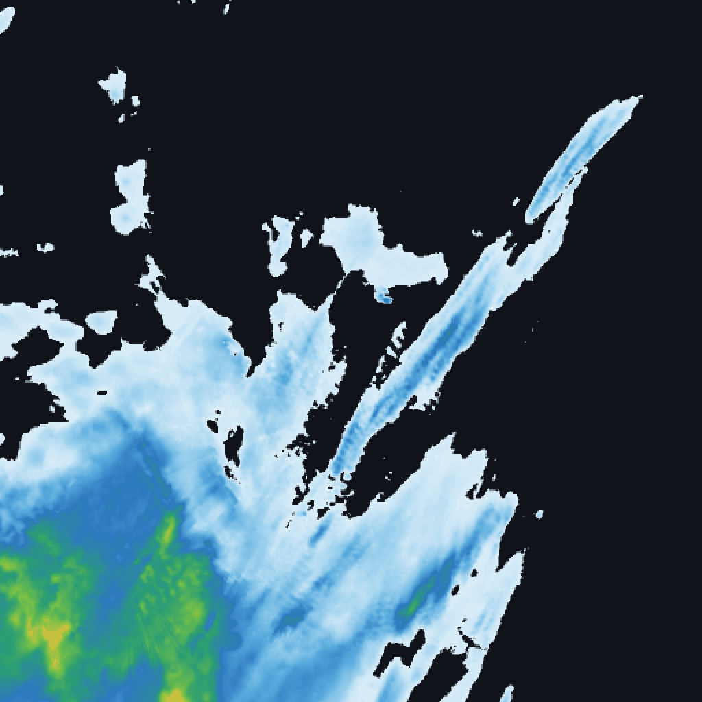 Close-up of rainfall accumulation showing blue through green and yellow